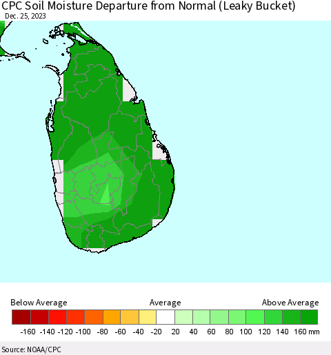 Sri Lanka CPC Soil Moisture Departure from Normal (Leaky Bucket) Thematic Map For 12/21/2023 - 12/25/2023