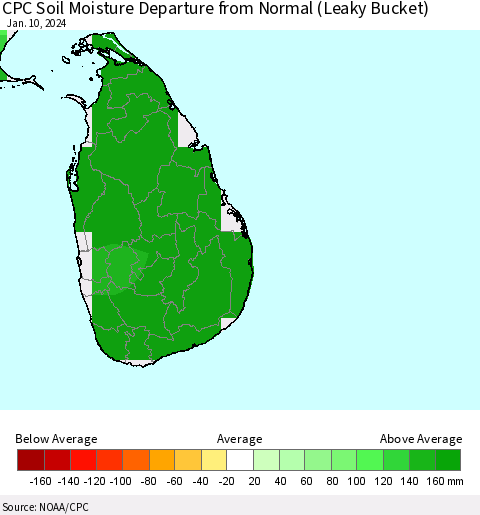 Sri Lanka CPC Soil Moisture Departure from Normal (Leaky Bucket) Thematic Map For 1/6/2024 - 1/10/2024