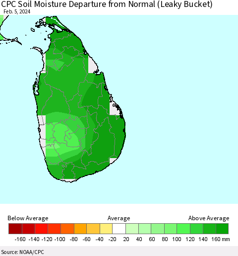 Sri Lanka CPC Soil Moisture Departure from Normal (Leaky Bucket) Thematic Map For 2/1/2024 - 2/5/2024