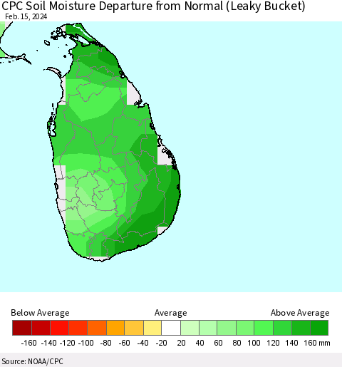 Sri Lanka CPC Soil Moisture Departure from Normal (Leaky Bucket) Thematic Map For 2/11/2024 - 2/15/2024