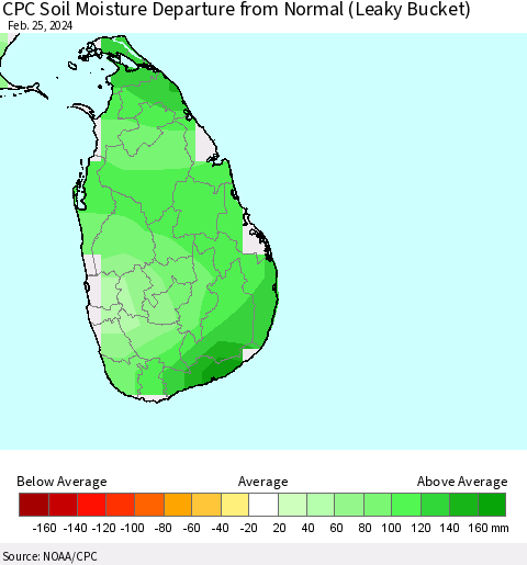 Sri Lanka CPC Soil Moisture Departure from Normal (Leaky Bucket) Thematic Map For 2/21/2024 - 2/25/2024