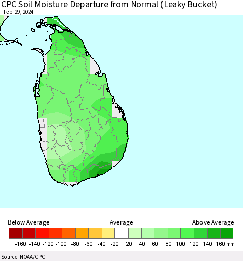 Sri Lanka CPC Soil Moisture Departure from Normal (Leaky Bucket) Thematic Map For 2/26/2024 - 2/29/2024