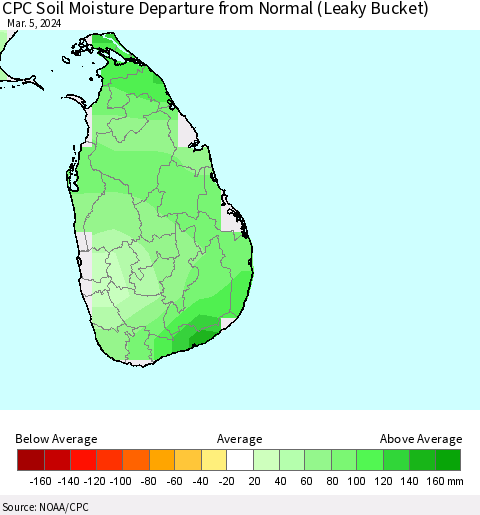 Sri Lanka CPC Soil Moisture Departure from Normal (Leaky Bucket) Thematic Map For 3/1/2024 - 3/5/2024