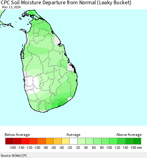 Sri Lanka CPC Soil Moisture Departure from Normal (Leaky Bucket) Thematic Map For 3/11/2024 - 3/15/2024