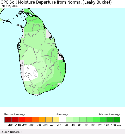 Sri Lanka CPC Soil Moisture Departure from Normal (Leaky Bucket) Thematic Map For 3/21/2024 - 3/25/2024