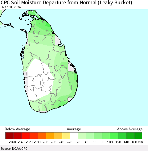 Sri Lanka CPC Soil Moisture Departure from Normal (Leaky Bucket) Thematic Map For 3/26/2024 - 3/31/2024