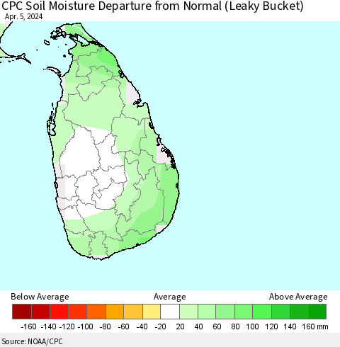 Sri Lanka CPC Soil Moisture Departure from Normal (Leaky Bucket) Thematic Map For 4/1/2024 - 4/5/2024