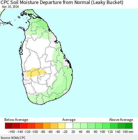 Sri Lanka CPC Soil Moisture Departure from Normal (Leaky Bucket) Thematic Map For 4/6/2024 - 4/10/2024