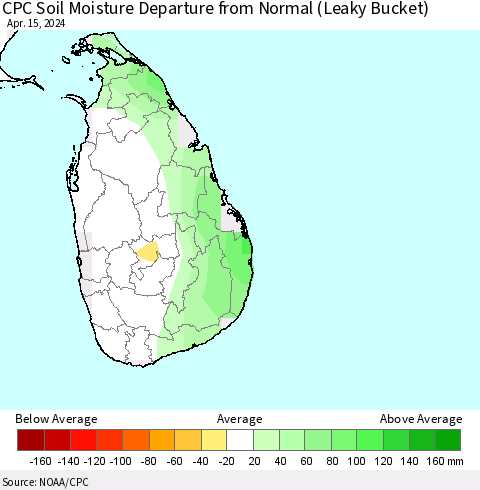 Sri Lanka CPC Soil Moisture Departure from Normal (Leaky Bucket) Thematic Map For 4/11/2024 - 4/15/2024