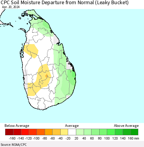 Sri Lanka CPC Soil Moisture Departure from Normal (Leaky Bucket) Thematic Map For 4/16/2024 - 4/20/2024