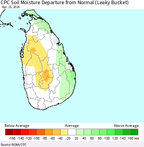 Sri Lanka CPC Soil Moisture Departure from Normal (Leaky Bucket) Thematic Map For 4/21/2024 - 4/25/2024