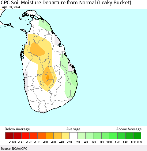 Sri Lanka CPC Soil Moisture Departure from Normal (Leaky Bucket) Thematic Map For 4/26/2024 - 4/30/2024