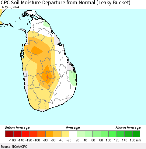 Sri Lanka CPC Soil Moisture Departure from Normal (Leaky Bucket) Thematic Map For 5/1/2024 - 5/5/2024