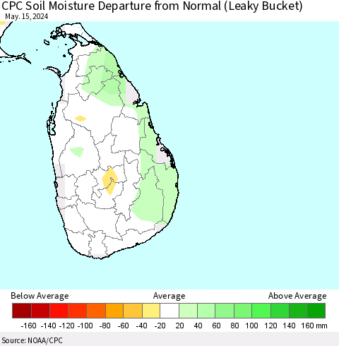 Sri Lanka CPC Soil Moisture Departure from Normal (Leaky Bucket) Thematic Map For 5/11/2024 - 5/15/2024