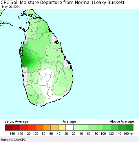 Sri Lanka CPC Soil Moisture Departure from Normal (Leaky Bucket) Thematic Map For 5/16/2024 - 5/20/2024