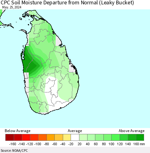Sri Lanka CPC Soil Moisture Departure from Normal (Leaky Bucket) Thematic Map For 5/21/2024 - 5/25/2024