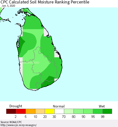 Sri Lanka CPC Calculated Soil Moisture Ranking Percentile Thematic Map For 1/1/2020 - 1/5/2020