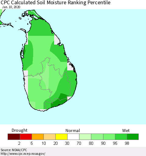 Sri Lanka CPC Soil Moisture Ranking Percentile (Leaky Bucket) Thematic Map For 1/6/2020 - 1/10/2020