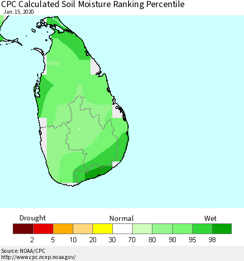 Sri Lanka CPC Calculated Soil Moisture Ranking Percentile Thematic Map For 1/11/2020 - 1/15/2020