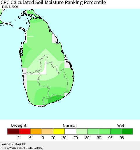 Sri Lanka CPC Soil Moisture Ranking Percentile (Leaky Bucket) Thematic Map For 2/1/2020 - 2/5/2020