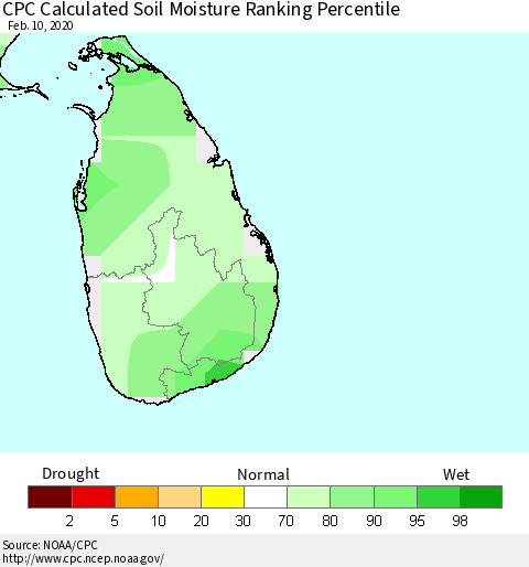 Sri Lanka CPC Soil Moisture Ranking Percentile Thematic Map For 2/6/2020 - 2/10/2020
