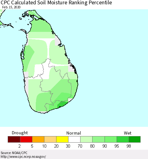 Sri Lanka CPC Calculated Soil Moisture Ranking Percentile Thematic Map For 2/11/2020 - 2/15/2020