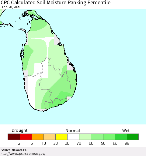 Sri Lanka CPC Soil Moisture Ranking Percentile (Leaky Bucket) Thematic Map For 2/16/2020 - 2/20/2020