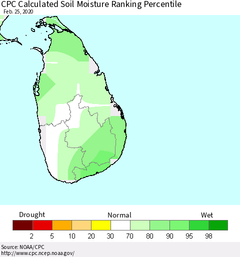 Sri Lanka CPC Soil Moisture Ranking Percentile Thematic Map For 2/21/2020 - 2/25/2020
