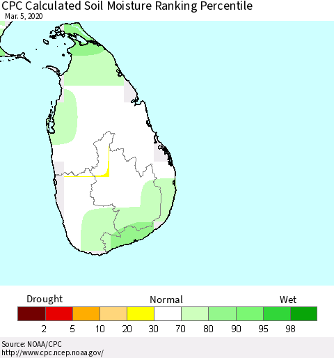 Sri Lanka CPC Soil Moisture Ranking Percentile Thematic Map For 3/1/2020 - 3/5/2020