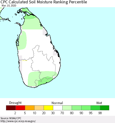 Sri Lanka CPC Calculated Soil Moisture Ranking Percentile Thematic Map For 3/6/2020 - 3/10/2020