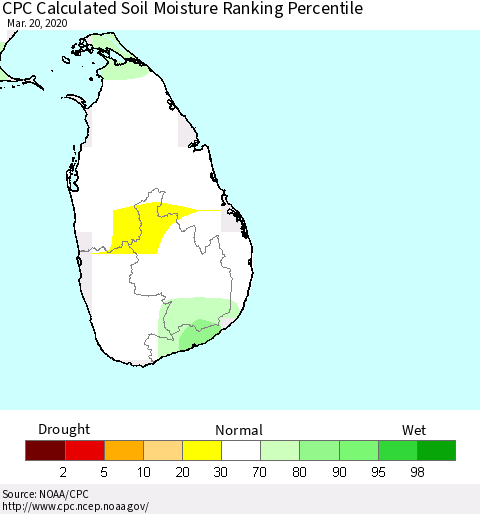 Sri Lanka CPC Soil Moisture Ranking Percentile (Leaky Bucket) Thematic Map For 3/16/2020 - 3/20/2020