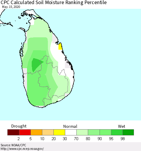 Sri Lanka CPC Soil Moisture Ranking Percentile (Leaky Bucket) Thematic Map For 5/11/2020 - 5/15/2020