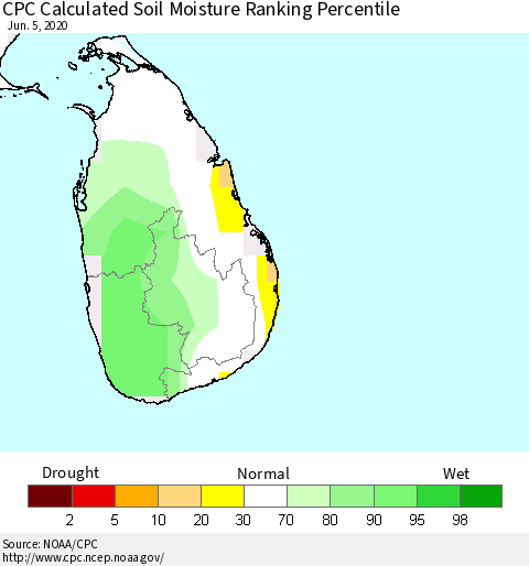 Sri Lanka CPC Soil Moisture Ranking Percentile (Leaky Bucket) Thematic Map For 6/1/2020 - 6/5/2020