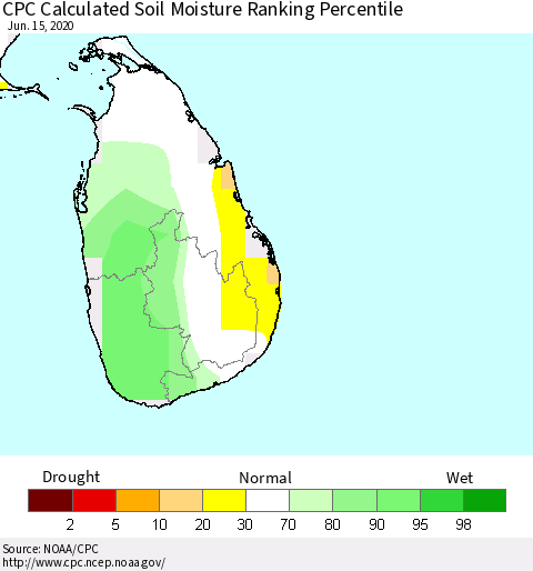 Sri Lanka CPC Soil Moisture Ranking Percentile (Leaky Bucket) Thematic Map For 6/11/2020 - 6/15/2020