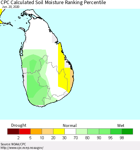 Sri Lanka CPC Calculated Soil Moisture Ranking Percentile Thematic Map For 6/16/2020 - 6/20/2020
