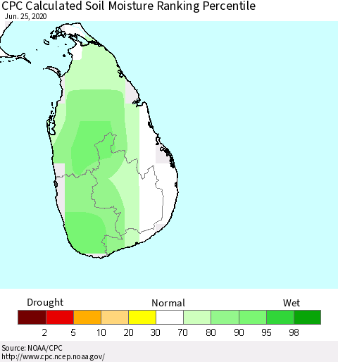 Sri Lanka CPC Soil Moisture Ranking Percentile (Leaky Bucket) Thematic Map For 6/21/2020 - 6/25/2020