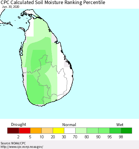 Sri Lanka CPC Soil Moisture Ranking Percentile (Leaky Bucket) Thematic Map For 6/26/2020 - 6/30/2020