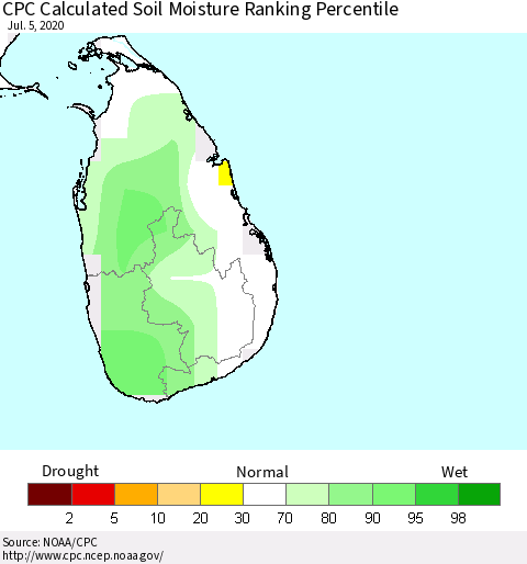 Sri Lanka CPC Calculated Soil Moisture Ranking Percentile Thematic Map For 7/1/2020 - 7/5/2020