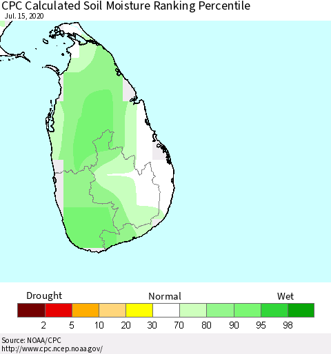 Sri Lanka CPC Soil Moisture Ranking Percentile (Leaky Bucket) Thematic Map For 7/11/2020 - 7/15/2020