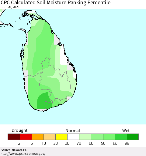 Sri Lanka CPC Calculated Soil Moisture Ranking Percentile Thematic Map For 7/16/2020 - 7/20/2020