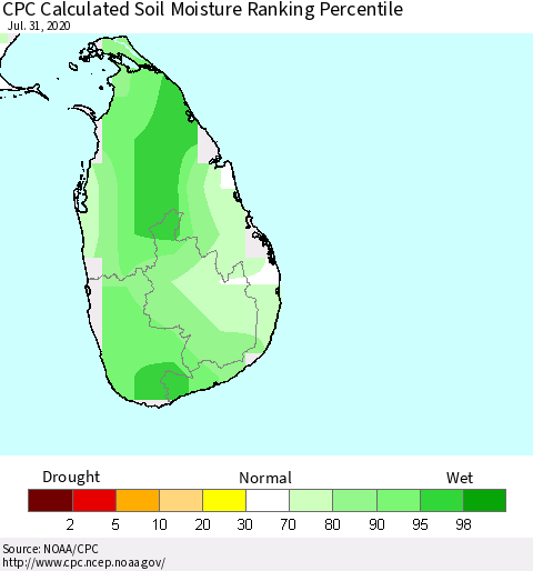 Sri Lanka CPC Calculated Soil Moisture Ranking Percentile Thematic Map For 7/26/2020 - 7/31/2020