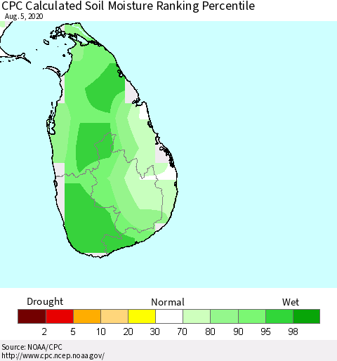 Sri Lanka CPC Soil Moisture Ranking Percentile (Leaky Bucket) Thematic Map For 8/1/2020 - 8/5/2020
