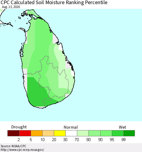 Sri Lanka CPC Soil Moisture Ranking Percentile (Leaky Bucket) Thematic Map For 8/11/2020 - 8/15/2020
