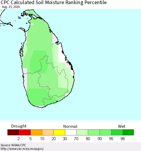 Sri Lanka CPC Calculated Soil Moisture Ranking Percentile Thematic Map For 8/21/2020 - 8/25/2020