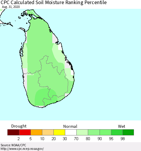 Sri Lanka CPC Soil Moisture Ranking Percentile (Leaky Bucket) Thematic Map For 8/26/2020 - 8/31/2020