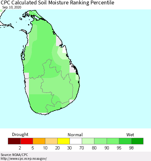 Sri Lanka CPC Calculated Soil Moisture Ranking Percentile Thematic Map For 9/6/2020 - 9/10/2020