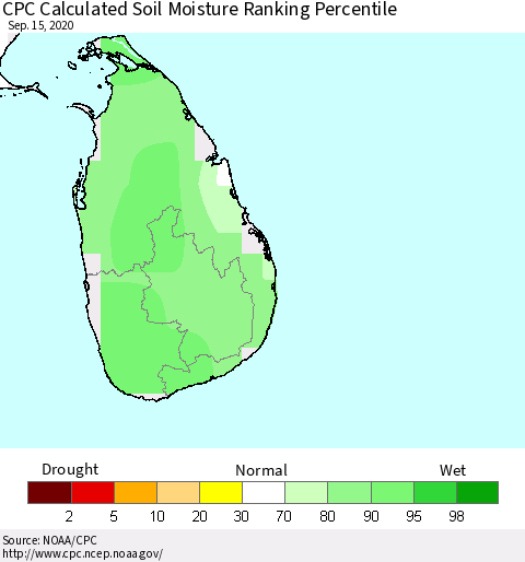 Sri Lanka CPC Soil Moisture Ranking Percentile (Leaky Bucket) Thematic Map For 9/11/2020 - 9/15/2020