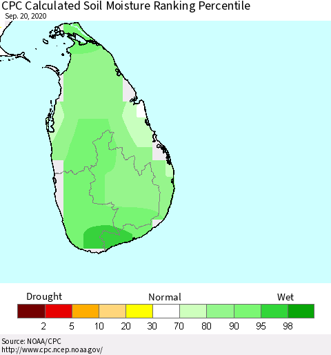Sri Lanka CPC Soil Moisture Ranking Percentile (Leaky Bucket) Thematic Map For 9/16/2020 - 9/20/2020