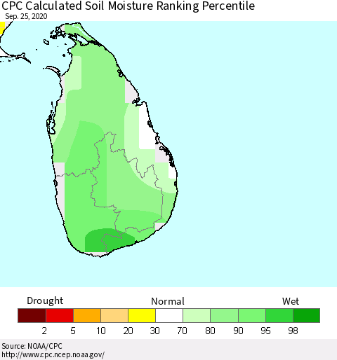 Sri Lanka CPC Soil Moisture Ranking Percentile (Leaky Bucket) Thematic Map For 9/21/2020 - 9/25/2020