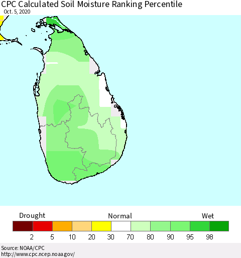 Sri Lanka CPC Soil Moisture Ranking Percentile Thematic Map For 10/1/2020 - 10/5/2020